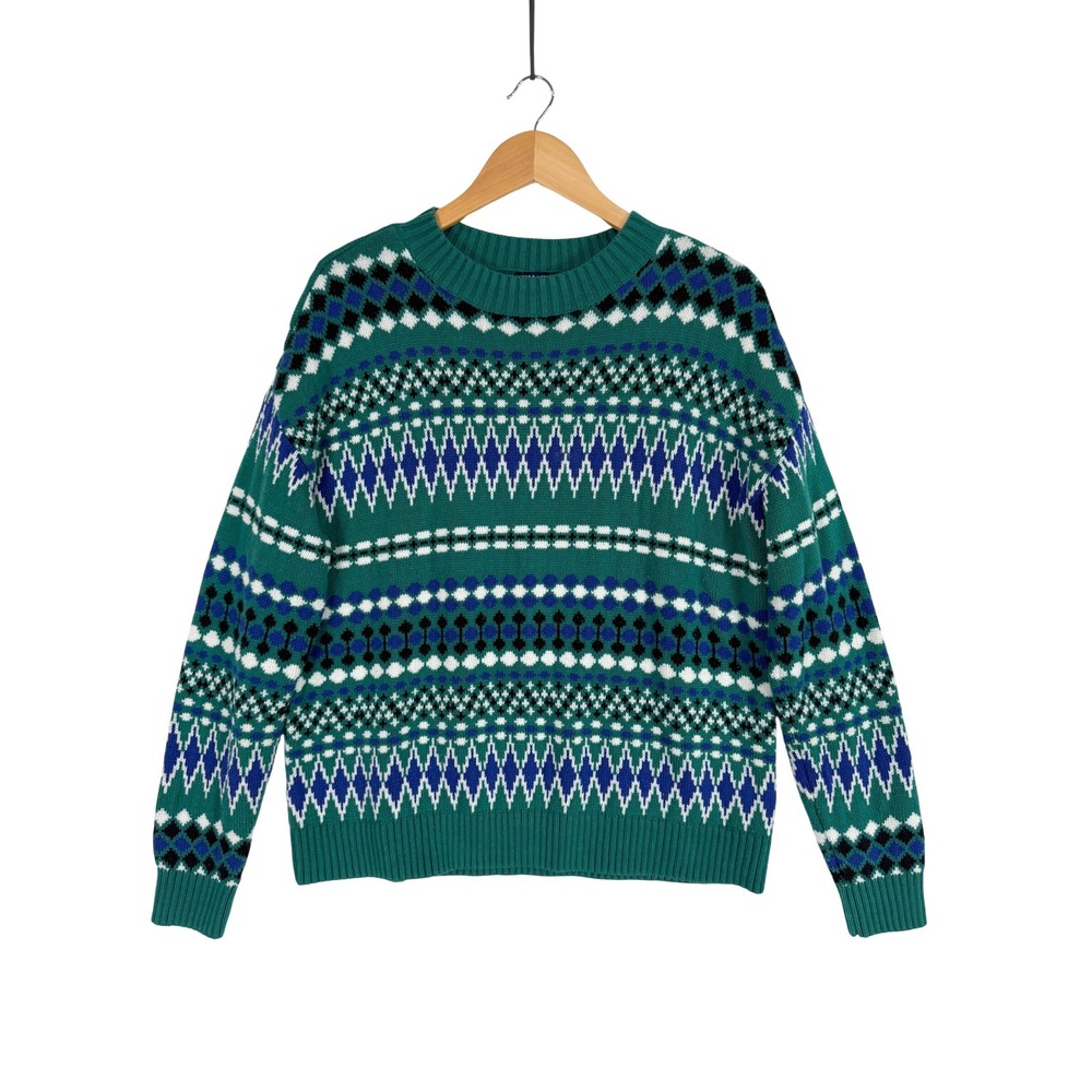 Chaps Sweater Mens Large Green Fair Isle Geometric Knit Crewneck Cotton Blend